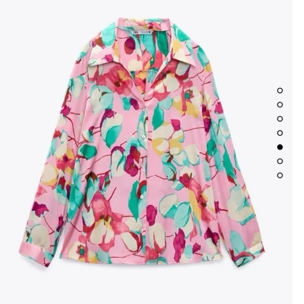 Zara Pink Floral Silky Button Up Blouse Size Medium